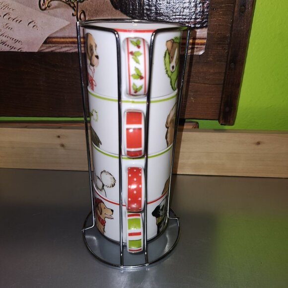 Dog-Themed Ceramic Stackable Coffee Mug Set With Metal Stand - Picture 5 of 7